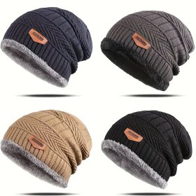 Resim 1 Adet Erkek Polar Astarlı Pom-Pom ve Suni Deri Yama ile Beanie Şapka - Dış Mekan Bisiklet Sürüşü için Kalınlaştırılmış Kulak Koruma Örgü Kap, Sonbahar Kış Sıcaklığı, %100 Polyester, Günlük Tarz, İnce Kişiler İçin İdeal Hediye 