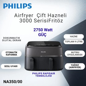 Resim Philips Airfryer 3000 Serisi NA350/00 Çift Hazneli 9 Lt Yağsız Fritöz + Hassas Mutfak Tartısı Hediye 