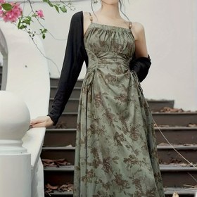 Resim Çiçek Desenli Şık Kısa Elbise Takımı, Uzun Kollu Açık Ön Crop Hırka & Kare Yaka Kolsuz A Kesim İplerle Büzülmüş Kısa Elbise Kombinleri, Kadın Giyim 