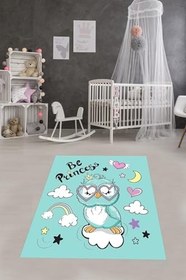 Resim Pelangi Baykuş Desenli Dijital Baskılı Kaymaz Taban Yıkanabilir Leke Tutmaz Çocuk Odası Halısı, Mavi 160 x 240 