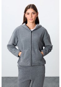 Resim Tommy Life Gri Melanj Kalın Yumuşak Dokulu Kapüşonlu Oversize Nakışlı Polar Kadın Eşofman Takım -95338 GRİ MELANJ 
