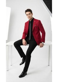 Resim Plus Scorpion Erkek Kırmızı Armürlü Kumaş Blazer Ceket Tek Düğmeli, Mono Yaka, Çift Yırtmaçlı Slim Fit Kırmızı 