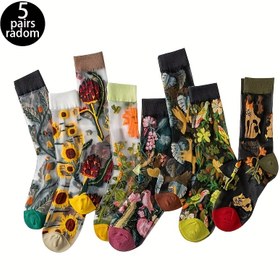 Resim 5 Çift Kadın Vintage Çiçek Desenli Kristal Cam Çorap - Tam Vücut Baskılı, Nefes Alabilen File Kumaş, Esnek Ribana Paça, Elde Yıkama, Retro Desenler, Günlük ve Şık Kıyafetler İçin, Sevimli Aksesuarlar, Zarif Tasarım, Moda Tutkunları için Delikli Çorap 