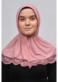 Resim Altobeh Dantelli Lastik Büzgülü Tela Bantlı Çıtçıtlı Hazır Türban Kadın Pratik Eşarp - Pembe 