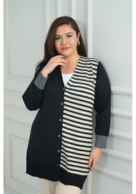 Resim Kadıntek Tarafı Enine Çizgili Büyük Beden Uzun Hırka-41835 Siyah-gri 