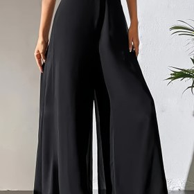 Resim Kadınlar için İlkbahar Yaz Günlük Geniş Paça Pantolon - Düz Renk Hafif Elastik Bel ve Manşetli Etek Ucu, Makinede Yıkanabilir Esnek Olmayan Kumaş ile Rahat Kesim Şifon Dokulu Pantolon 