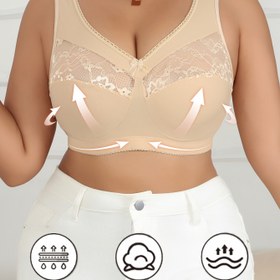 Resim Artı Boyutlu Kontrast Dantel Süslemeli Sütyen - Nefes Alabilir Rahat Esnek Kumaş, Telsiz & Dolgusuz, Yumuşak Bej Seksi Günlük Giyim, Dantelli İç Çamaşırı, Zarif İntim Aksesuar, Pürüzsüz Dokulu Bitiş 