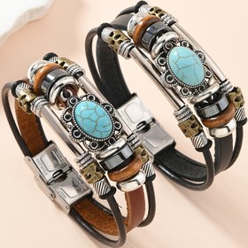 Resim 1 adet Bohem Tarzı Vintage Çok Katmanlı Deri Bilezik - Turkuaz Mozaik, Beyaz K Altın Kaplama, Kahverengi ve Siyah Deri Kayışlar, Ayarlanabilir Toka, Kadınlar ve Erkekler için Günlük Moda Aksesuarı, Hediye Ürün|Bohem Tarzı|Ayarlanabilir Kapanış, Bilezik 