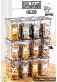Resim 12'li Etiketli Erzak Saklama Kabı Seti - Sızdırmaz Kapaklı Bakliyat Saklama Kutusu - 12 X 1100 Ml Antrasit 