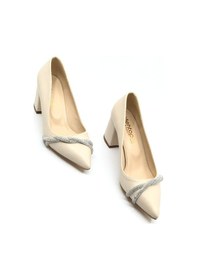 Resim Mehtap Burgu Taş Dekolteli Kalın Topuk Kadın Topuklu Ayakkabı Sitiletto Bej 