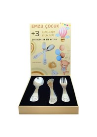 Resim Paslanmaz Çelik Kutulu Çocuk Çatal Kaşık Bıçak Seti Ayıcık Desenli GÜmüş 