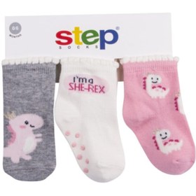 Resim Step Unisex Bebek Pembe Altı Baskılı Simli She-rex Soket Çorap 3lü 10173 