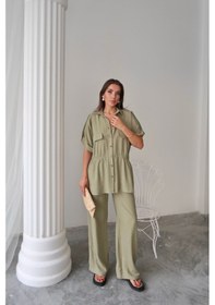 Resim Buğrahayalin Keten Belden Büzgü Detaylı Gömlek - Pantolon Takım - Yeşil 