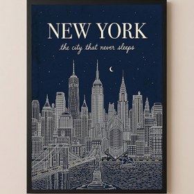Resim New York Line Art Print - Navy Manhattan Skyline Empire State Brooklyn Bridge Wall Art - Wooden Frame - Black / 20 x 28" (50x70 cm) 