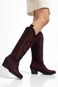 Resim MS SUGAR SHOES Kadın Acıkahve Vegan Süet Nakışlı Western Kovboy Cowgirl Bot Çizme 