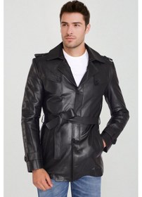 Resim Derije Valdes Hakiki Deri Erkek Siyah Kuşaklı Trençkot 