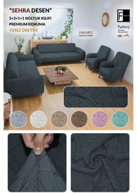 Resim Jakarlı Sehra Desen 3 3 1 1 Lastikli Kanepe Örtüsü Lastikli Koltuk Örtüsü Koltuk Kılıfı Takımı Antrasit 