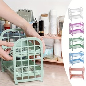 Resim 2 Katlı Plastik Masa Düzenleyici Raf - Yurtlar, Ev Ofisi ve Mutfak Aksesuarları için Çıkarılabilir Depolama Rafı (Nane Yeşili, Açık Mavi, L 