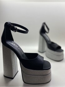 Resim HAYYSHOES Siyah Saten-gümüş Simli Bilekten Bağlamalı Çift Platform Topuklu Sandalet 