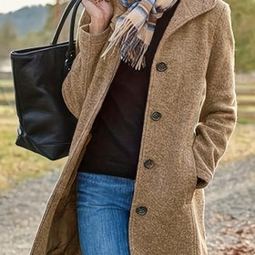 Resim Kadınlar için Orta Boy Ceket - Düz Renk Siyah, Düğmeli Ön, Uzun Kollu, Sonbahar/Kış için Rahat Şık Stil, Çok Yönlü Katlama Parçası, Mevsimlik Moda, Zarif Tasarım, Dokulu Kumaş 