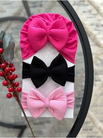 Resim VANİLLİA Bebek Çift Kat Fiyonklu Bebek Bone & Bebek Bandana Saç bandı 3'lü Set (0-18 Ay) 