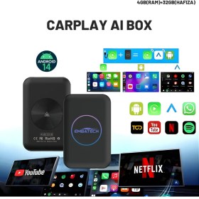 Resim Embatech Carplay Ai Box 4GB+32GB Youtube,netflix,google Play & Kablosuz Carplay&android Auto- Android 14 