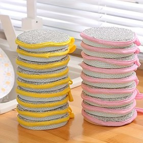 Resim 3'lü Çift Taraflı Parıltılı Tasarımlı Bulaşık Süngerleri - Sarı, Pembe, Beyaz - Tencere ve Kase Yağ ve Lekelerini Temizlemek İçin Dayanıklı Mutfak Temizlik Pedleri, Tencere Ovma Bezleri | Parıltılı Dokulu | Etkili Ovma Yüzeyi 
