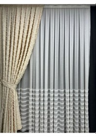 Resim Çapraz Saçak Fonluk Pamuklu Keten Krem Fon Perde 1/2,5 Orta Sık Pile Tek Kanat Krem 
