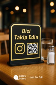 Resim Happynesso Gold Siyah Karekodlu "Bizi Takip Edin" Tabela 15x18 cm Pleksi - Instagram Ikonlu 