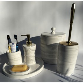 Resim MRY DEKOR Mermer Desenli Çöp Kovalı Üçlü Banyo Set(goldbaşlıklı) 