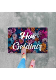 Resim Dijital Baskılı 3d Kapı Önü Paspas Hoşgeldiniz Yazılı Çiçek Desenıç Ve Dış Kapı Paspası Yıkanabilir Mor 