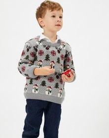 Resim Erkek Bebek Yılbaşı Kazağı Kardan Adam Desenli Uzun Kollu 