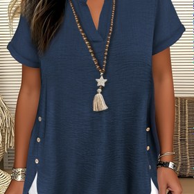 Resim Plus Beden Kadınlar İçin Şık İmitasyon Denim Kollu Düğmeli Bluz - Yuvarlak Yaka ve Dekoratif Manşetli Hafif Yazlık Gömlek, Makinede Yıkanabilir Düz Renk Üst, Casual Giyim, Dokulu Kumaş 