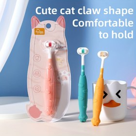 Resim Çocuklar için 3-6 Yaş Arası 3 Taraflı Manuel Diş Fırçası, Ultra Yumuşak Naylon Kıllar, Ergonomik Kaymaz Sap, Dil Temizleyici, Esnek 110 Derece Açı, Sevimli Kedi Tasarımı - Tekli Paket 