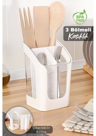 Resim 3 Bölmeli Tezgah Üstü Kaşıklık - Çıkarılabilir Bölmeli Kaşık Bıçak Standı Mutfak Organizer Beyaz 