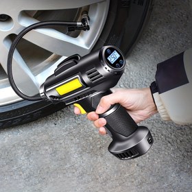 Resim 120W Elde Taşınabilir Araba Şişirme Pompası, Taşınabilir Hava Kompresörü ve Şişirici, Dijital Basınç Ölçer ve Işık ile 150PSI Kablosuz Lastik Şişirici, Süper Hızlı Şişirme - Arabalar, Motosikletler ve Bisikletlerde Lastik ve Top Şişirmek İçin İdeal 
