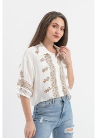 Resim Antik Desenli Kolları Püsküllü Gömlek - Kahverengi-kahverengi Kahverengi 