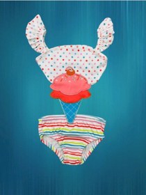 Resim Kız Çocuk Mayokini Dondurma Temalı Puantiyeli- Kol Fırfırlı - Son Sezon Kostüm Mayo Çok Renkli 