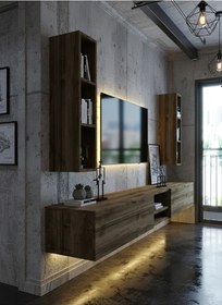 Resim Resital Ledli Duvara Monte Tv Sehpası - Ceviz - W6002-2 Çok Renkli 