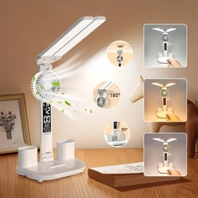 Resim Çift Başlıklı LED Masa Lambalı Çok Fonksiyonlu Akıllı Fan, USB Güçlü, Saat ve Sıcaklık Göstergeli, Dokunmatik Ayarlanabilir Renk Tonu 3000K-6000K, Sessiz Çalışma + Okuma Işığı + Kalemlik Seti. Yatak Odası/Yurt/Ofis Aydınlatması İçin İdeal, Yaratıcı Tasarım ile Pratik İşlevsellik 