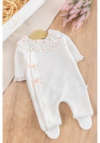 Resim Babymod Fırfır Yakalı Çiçekli Patikli Kız Bebek Tulum Krem 