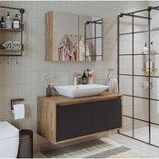 Resim ROOMART Tm7.2 Lavabolu Ahşap-antrasit Mdf 100 Cm Banyo Dolabı + Aynalı Banyo Üst Dolabı 