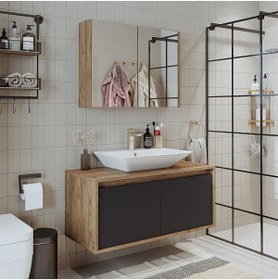 Resim ROOMART Tm7.2 Lavabolu Ahşap-antrasit Mdf 100 Cm Banyo Dolabı + Aynalı Banyo Üst Dolabı 