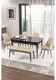 Resim Canisa Concept Zen Serisi 80x132 Mdf Açılabilir Siyah Mermer Desen Masa Takımı 4 Krem Sandalye Ve 1 Bench Masa Siyah Mermer Sandalye Ve Bench Krem 
