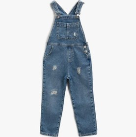 Resim Kız Çocuk Salopet Yırtık Kot Tulum Uzun Pamuklu 