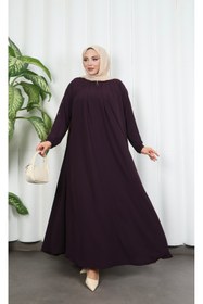 Resim HNT Hayrunnisa Tesettür Yakadan Pileli Yarım Mevlana Ferace Mürdüm HNT7063 