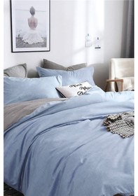 Resim Çift Kişilik Ranforce Çift Taraflı Nevresim Takımı -düz Battal Çarşaflı - Açık Mavi/gri Açık Mavi - Gri 