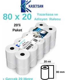 Resim Kasetsan 80x20 Yazarkasa Pos Rulosu 20'li Paket Termal Adisyon Rulo BPA Free 