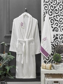 Resim 4 Parça Aile Bornoz Seti Kadın Erkek Havlulu Bornoz Takımı Beyaz Set 