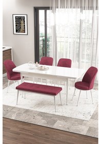 Resim Canisa Concept Zen Serisi 80x132 Mdf Açılabilir Beyaz Masa Takımı 4 Bordo Sandalye Ve 1 Bench Masa Beyaz Sandalye Ve Bench Bordo 